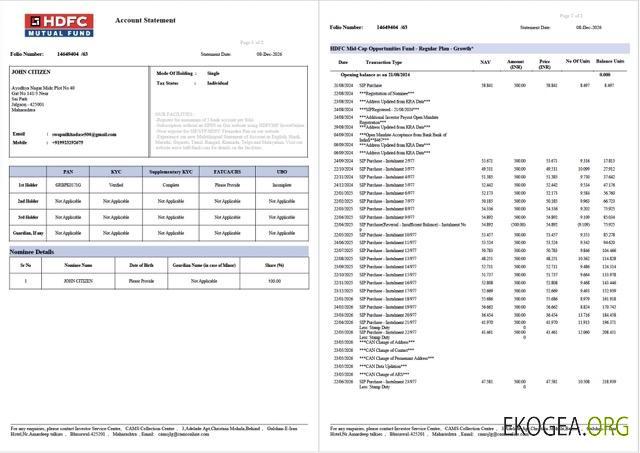 Relevé de compte bancaire Inde HDFC Modèle Word et PDF, 2 pages, version 2